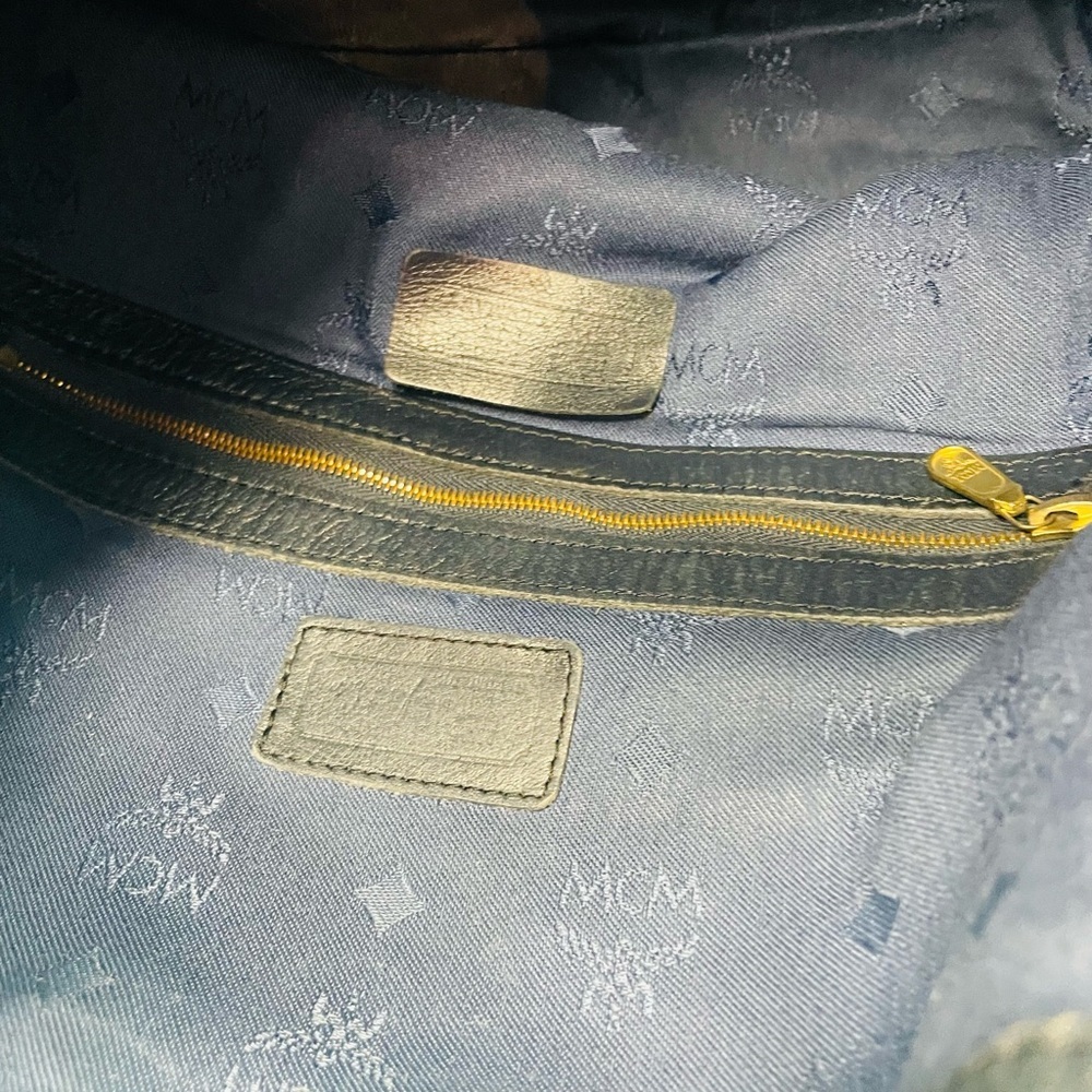 MCM White and Blue Monogram Drawstring Bucket Shoulder Bag - Picture 5 of 14